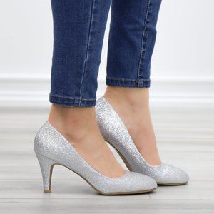 Silver Shimmery Glitter Round Toe Kitten Low Heel Pumps